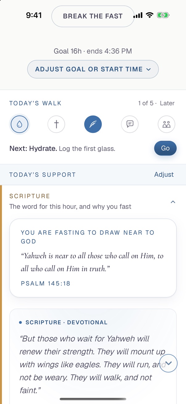 Today's walk, five small steps with one kept, and Today's support showing Psalm 145:18.