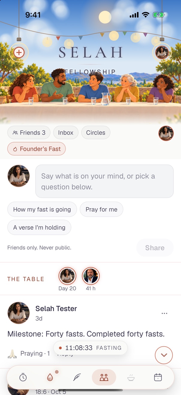 The Together room: a composer with three starters, the line Friends only, Never public, and the table of friends below it.